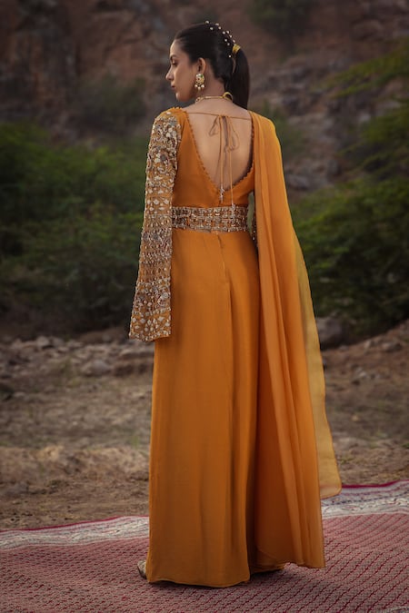 Shop_Ridhima Bhasin_Yellow Chiffon Square Neck Pre-draped Organza Saree Gown  _at_Aza_Fashions
