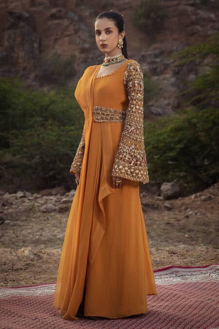 Ridhima Bhasin_Yellow Chiffon Square Neck Pre-draped Organza Saree Gown  _Online_at_Aza_Fashions