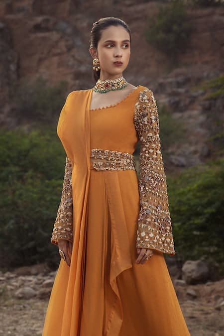 Buy_Ridhima Bhasin_Yellow Chiffon Square Neck Pre-draped Organza Saree Gown  _Online_at_Aza_Fashions