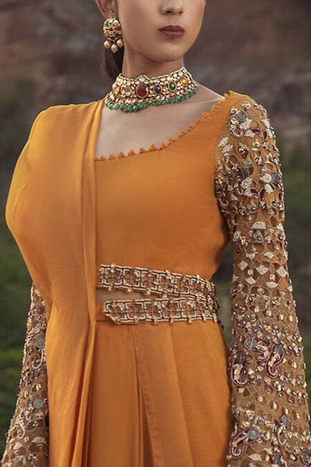 Shop_Ridhima Bhasin_Yellow Chiffon Square Neck Pre-draped Organza Saree Gown  _Online_at_Aza_Fashions