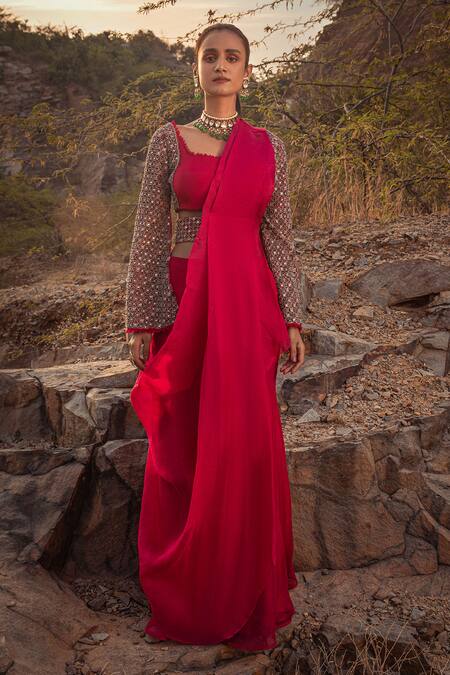 Buy_Ridhima Bhasin_Pink Chiffon Square Neck Organza Sharara Saree With Blouse  _Online_at_Aza_Fashions