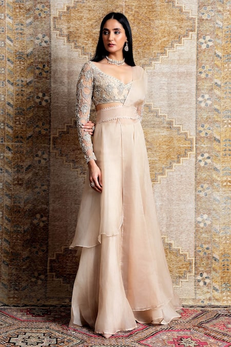Ridhima Bhasin_Beige Organza, Tulle Floral Motifs Plunge V Tonal Embroidered Sharara Saree Set _Online_at_Aza_Fashions