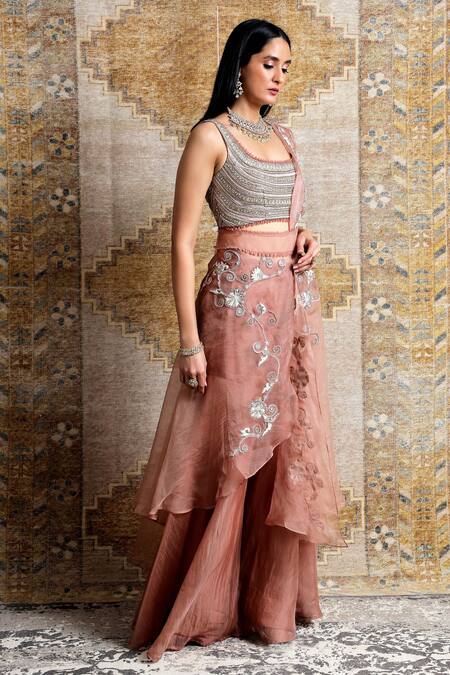 Ridhima Bhasin_Pink Organza Floral Motifs U Neck Embroidered Sharara Saree Set _Online_at_Aza_Fashions