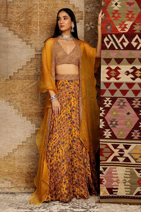 Ridhima Bhasin_Yellow Organza, Satin Floral Motifs V Neck Printed Bridal Lehenga Set _Online_at_Aza_Fashions