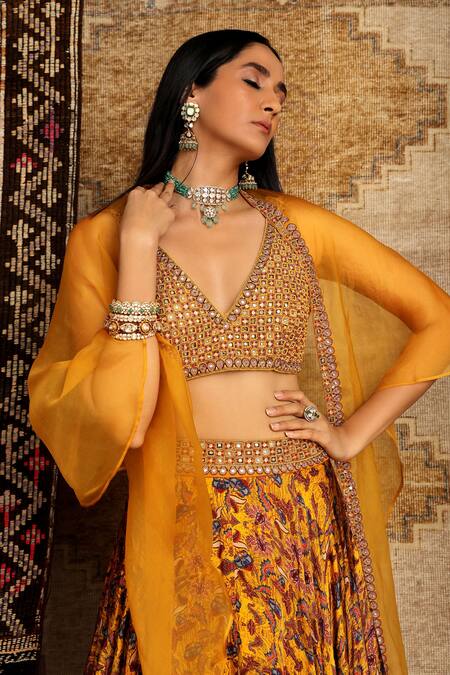 Buy_Ridhima Bhasin_Yellow Organza, Satin Floral Motifs V Neck Printed Bridal Lehenga Set _Online_at_Aza_Fashions