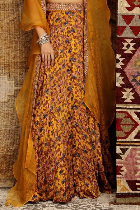 Shop_Ridhima Bhasin_Yellow Organza, Satin Floral Motifs V Neck Printed Bridal Lehenga Set _Online_at_Aza_Fashions