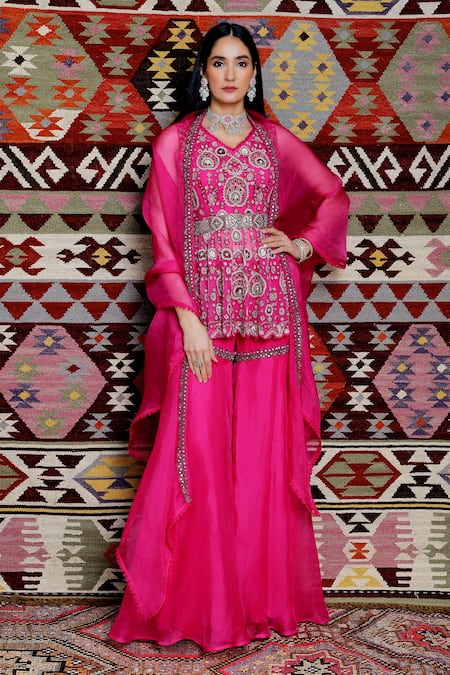 Ridhima Bhasin Pink Organza, Tulle V Neck Embroidered Peplum Sharara Set 
