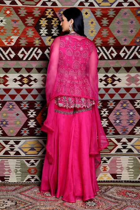 Shop_Ridhima Bhasin_Pink Organza, Tulle V Neck Embroidered Peplum Sharara Set _at_Aza_Fashions