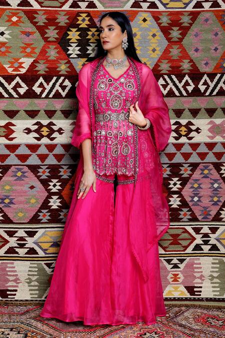 Ridhima Bhasin_Pink Organza, Tulle V Neck Embroidered Peplum Sharara Set _Online_at_Aza_Fashions