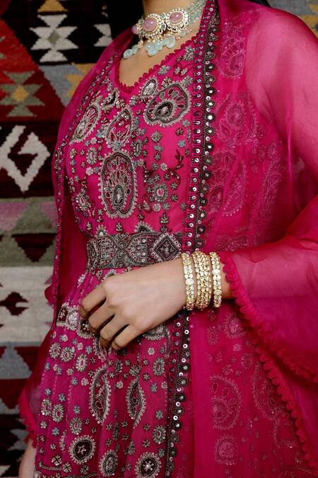 Buy_Ridhima Bhasin_Pink Organza, Tulle V Neck Embroidered Peplum Sharara Set _Online_at_Aza_Fashions