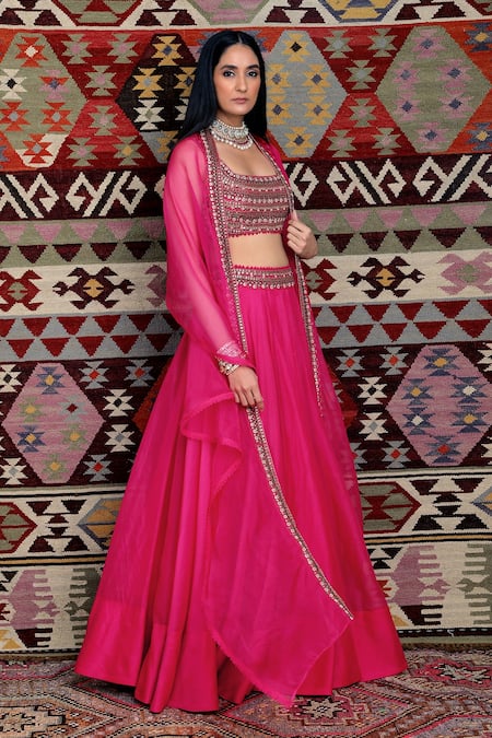 Ridhima Bhasin Pink Organza Embroidered U Neck Flared Bridal Lehenga Set  