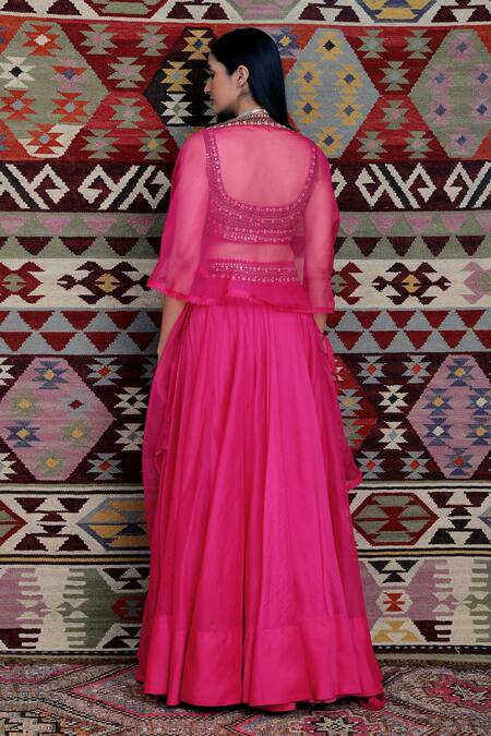 Shop_Ridhima Bhasin_Pink Organza U Neck Embroidered Flared Bridal Lehenga Set _at_Aza_Fashions