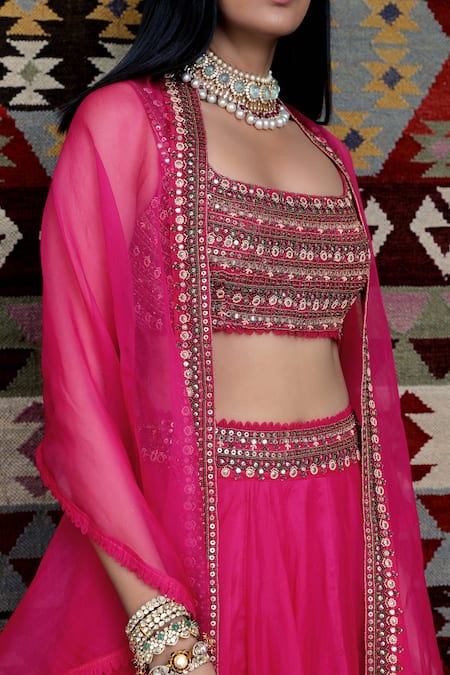 Ridhima Bhasin_Pink Organza U Neck Embroidered Flared Bridal Lehenga Set _Online_at_Aza_Fashions