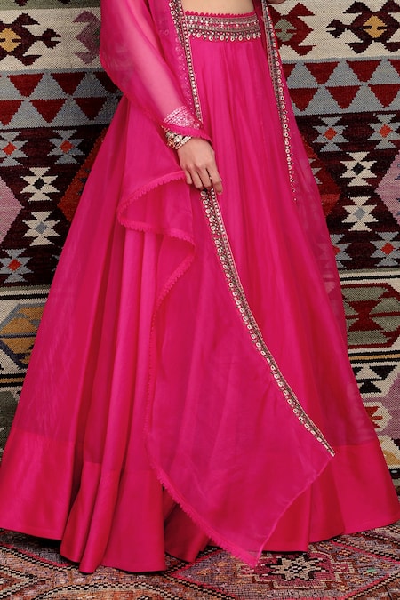 Shop_Ridhima Bhasin_Pink Organza U Neck Embroidered Flared Bridal Lehenga Set _Online_at_Aza_Fashions