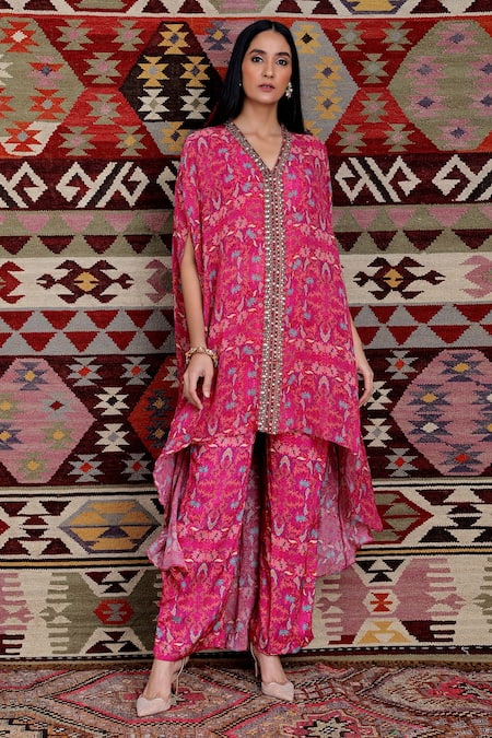 Ridhima Bhasin Pink Cotton, Georgette Floral Motifs Kaftan Botanical Print Pant Set With 
