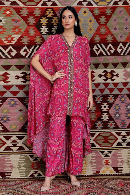 Ridhima Bhasin_Pink Cotton, Georgette Floral Motifs Kaftan Botanical Print Pant Set With _Online_at_Aza_Fashions