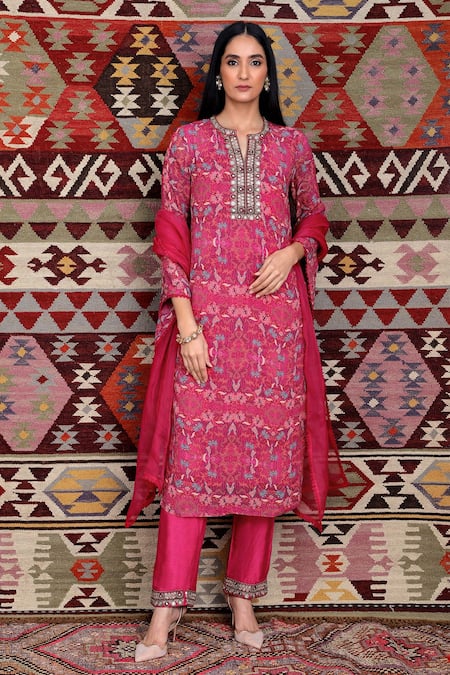 Ridhima Bhasin Pink Silk, Georgette Floral Motifs Jewelled Neckline Kurta Set 