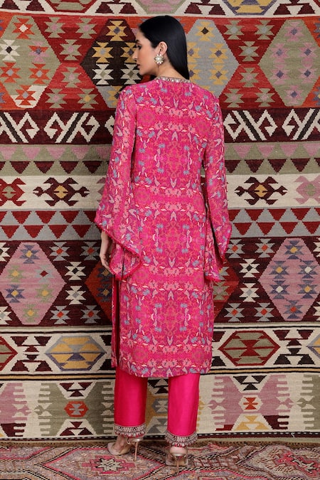 Shop Ridhima Bhasin Pink Silk, Georgette Floral Motifs Jewelled Neckline Kurta Set at Aza Fashions Shop_Ridhima Bhasin_Pink Silk, Georgette Floral Motifs Jewelled Neckline Kurta Set _at_Aza_Fashions