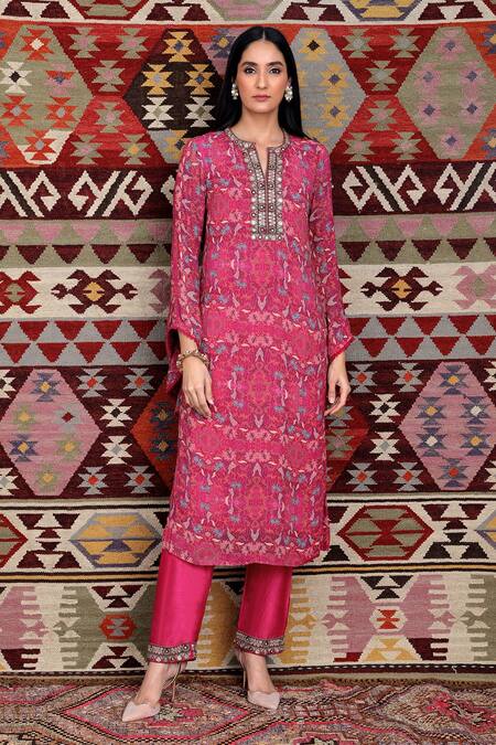 Ridhima Bhasin Pink Silk, Georgette Floral Motifs Jewelled Neckline Kurta Set Online at Aza Fashions Ridhima Bhasin_Pink Silk, Georgette Floral Motifs Jewelled Neckline Kurta Set _Online_at_Aza_Fashions