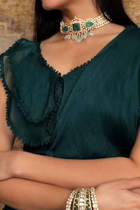 Shop Ridhima Bhasin Green Organza V Neck Sharara Saree With Flap Blouse at Aza Fashions Shop_Ridhima Bhasin_Green Organza V Neck Sharara Saree With Flap Blouse _at_Aza_Fashions