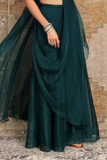 Ridhima Bhasin Green Organza V Neck Sharara Saree With Flap Blouse Online at Aza Fashions Ridhima Bhasin_Green Organza V Neck Sharara Saree With Flap Blouse _Online_at_Aza_Fashions