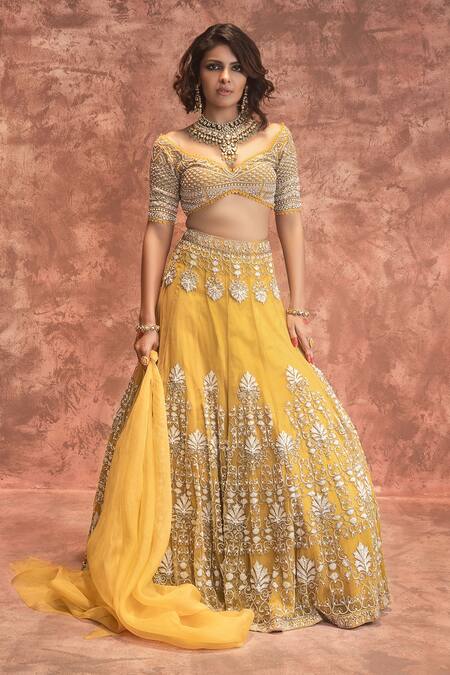 Ridhima Bhasin Yellow Tulle Sweetheart Neck Embroidered Bridal Lehenga Set 