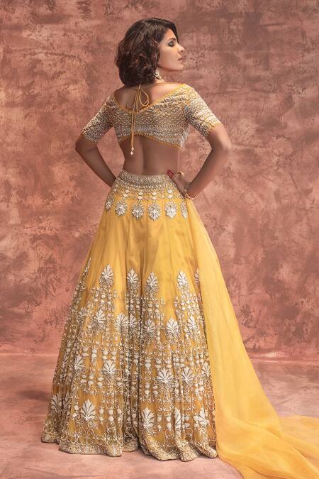 Shop_Ridhima Bhasin_Yellow Tulle Sweetheart Neck Embroidered Bridal Lehenga Set  _at_Aza_Fashions