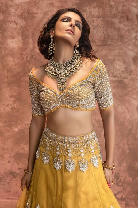 Ridhima Bhasin_Yellow Tulle Sweetheart Neck Embroidered Bridal Lehenga Set  _Online_at_Aza_Fashions