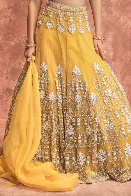 Buy_Ridhima Bhasin_Yellow Tulle Sweetheart Neck Embroidered Bridal Lehenga Set  _Online_at_Aza_Fashions