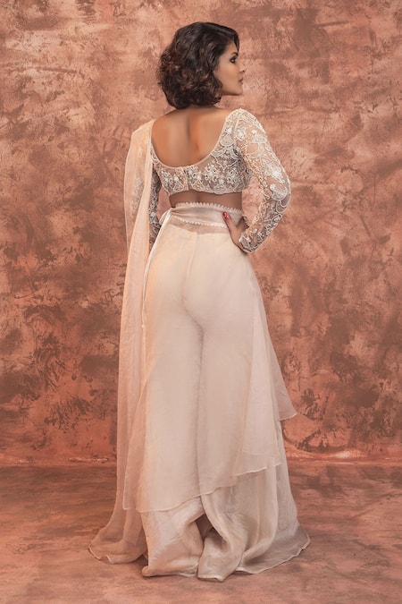 Shop_Ridhima Bhasin_Beige Organza, Chiffon Sweetheart Neck Sharara Saree Set _at_Aza_Fashions