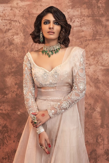 Ridhima Bhasin_Beige Organza, Chiffon Sweetheart Neck Sharara Saree Set _Online_at_Aza_Fashions