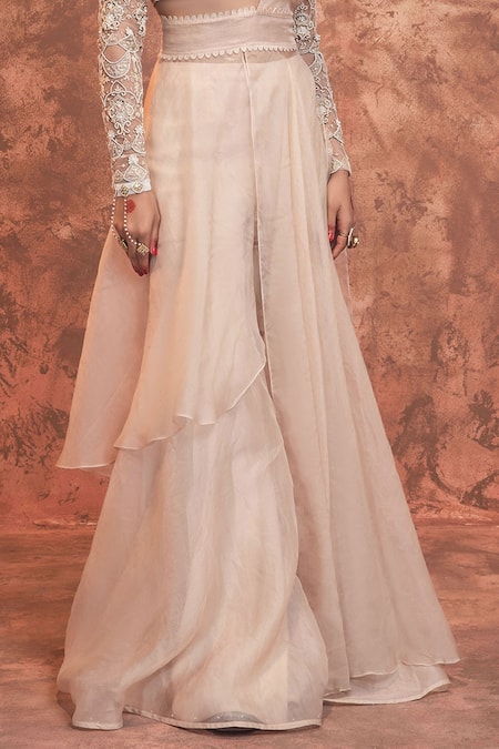 Buy_Ridhima Bhasin_Beige Organza, Chiffon Sweetheart Neck Sharara Saree Set _Online_at_Aza_Fashions