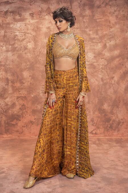 Ridhima Bhasin Yellow Georgette Open Abstract Print Jacket And Sharara Set Online at Aza Fashions Ridhima Bhasin_Yellow Georgette Open Abstract Print Jacket And Sharara Set _Online_at_Aza_Fashions