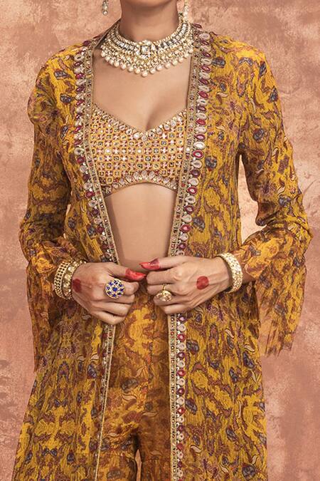Buy Ridhima Bhasin Yellow Georgette Open Abstract Print Jacket And Sharara Set Online at Aza Fashions Buy_Ridhima Bhasin_Yellow Georgette Open Abstract Print Jacket And Sharara Set _Online_at_Aza_Fashions