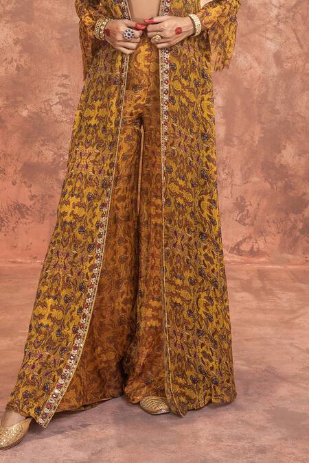 Shop Ridhima Bhasin Yellow Georgette Open Abstract Print Jacket And Sharara Set Online at Aza Fashions Shop_Ridhima Bhasin_Yellow Georgette Open Abstract Print Jacket And Sharara Set _Online_at_Aza_Fashions