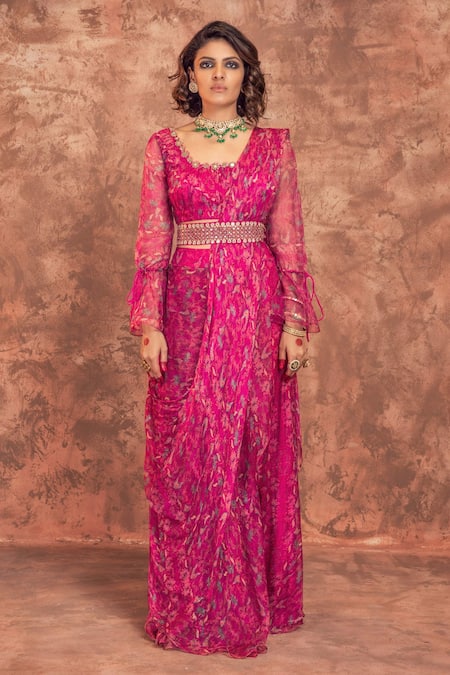 Ridhima Bhasin Pink Organza Square Neck Floral Print Pre-draped Saree Set  