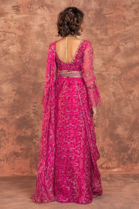 Shop_Ridhima Bhasin_Pink Organza Square Neck Floral Print Pre-draped Saree Set _at_Aza_Fashions