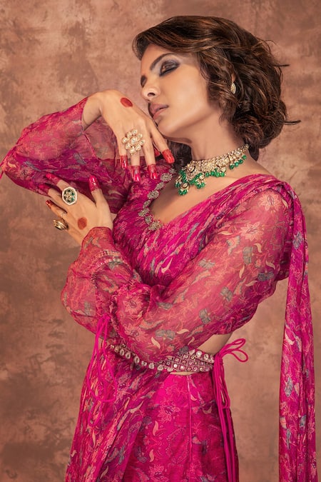 Ridhima Bhasin_Pink Organza Square Neck Floral Print Pre-draped Saree Set _Online_at_Aza_Fashions