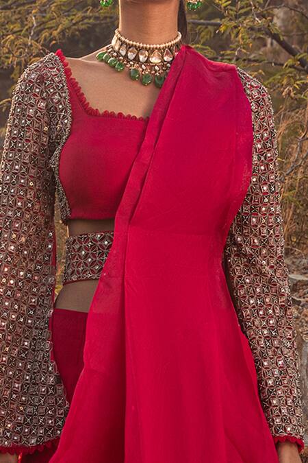 Ridhima Bhasin_Pink Chiffon Square Neck Organza Sharara Saree With Blouse  _at_Aza_Fashions