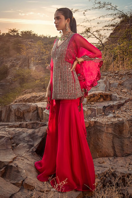 Ridhima Bhasin_Pink Organza V Neck Embroidered Kurta And Pant Set _Online_at_Aza_Fashions