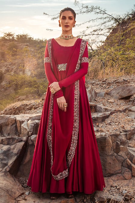 Ridhima Bhasin Pink Silk, Organza Square Neck Anarkali With Embellished Dupatta 