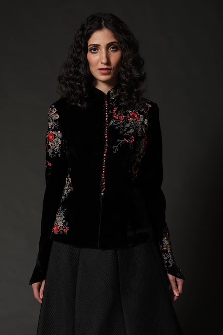 Rohit Bal_Black Velvet, Lining Floral Mandarin Collar Embroidered Jacket _Online_at_Aza_Fashions
