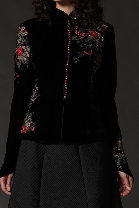Shop Rohit Bal Black Velvet, Lining Floral Mandarin Collar Embroidered Jacket Online at Aza Fashions Shop_Rohit Bal_Black Velvet, Lining Floral Mandarin Collar Embroidered Jacket _Online_at_Aza_Fashions