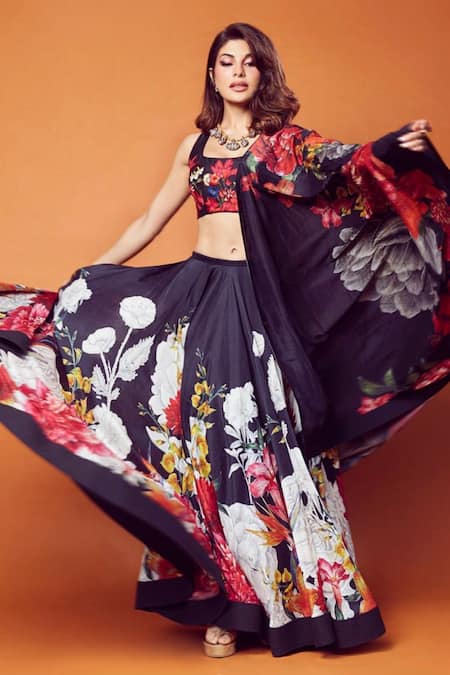 Rohit Bal Black Chanderi Silk Digital Prints Floral Pattern Scoop Neck Lehenga Set 