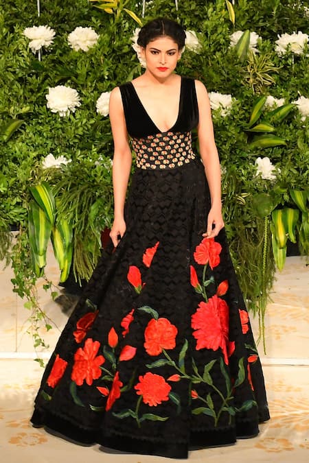 Rohit Bal Silk Velvet Embroidered Lehenga & Blouse Set 