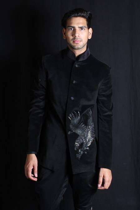 Rohit Bal_Black Silk Velvet Bird Motif Embroidered Bandhgala _Online_at_Aza_Fashions