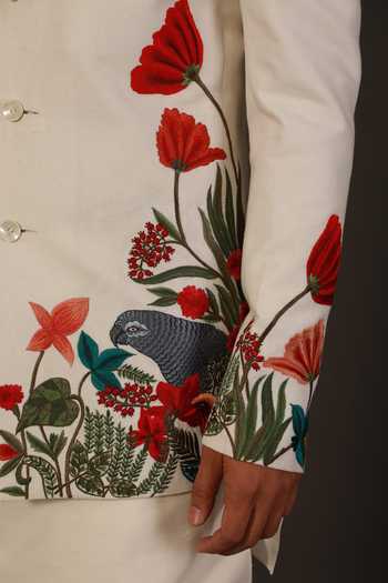 Rohit Bal White Matka , Lining Bird, Floral Embroidered Bandhgala Online at Aza Fashions Rohit Bal_White Matka , Lining Bird, Floral Embroidered Bandhgala _Online_at_Aza_Fashions