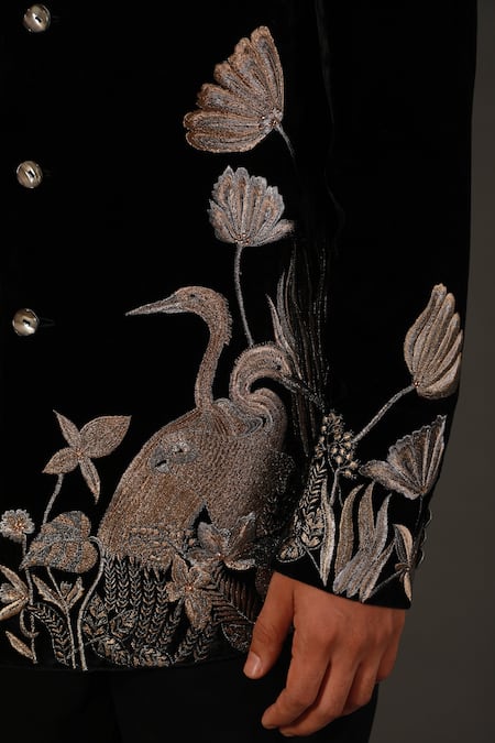 Rohit Bal_Black Velvet, Lining Bird, Floral Embroidered Bandhgala _Online_at_Aza_Fashions