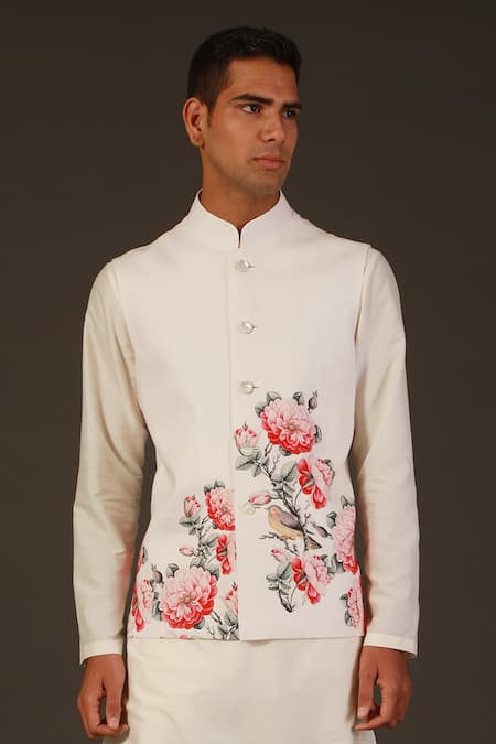 Rohit Bal_White Linen, Lining Silk Bird, Floral Print Bundi _Online_at_Aza_Fashions