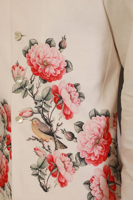Buy_Rohit Bal_White Linen, Lining Silk Bird, Floral Print Bundi _Online_at_Aza_Fashions